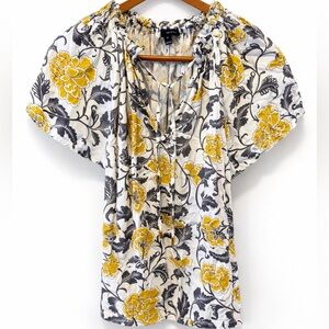 Floral Peasant Blouse White Mustard Gray Size M Harve Benard